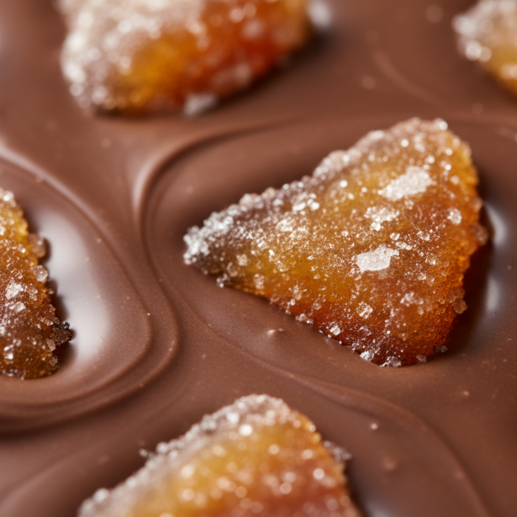 genera una vista macro de chocolate con leche y marron glacé